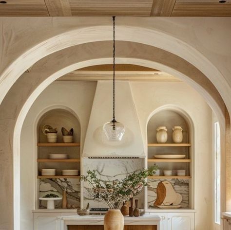 Home Design Studio & Shoppe | Cottage & Key on Instagram: "We love reimagining kitchen spaces and adding in a few arches never hurts. 😉 Which kitchen do you prefer? 

AI Design // @cottageandkey 

#liveinspired #dreaminteriors #smmakelifebeautiful #kitcheninspiration #kitchenremodel #kitchendesign #designbuild #cottagestyle #kitchen" Archway Over Stove, Arch Between Kitchen And Living Room, Archway Into Kitchen, Arch In Kitchen, Archway Kitchen, Kitchen Arch, Arch Kitchen, Home Design Studio, Wall Molding