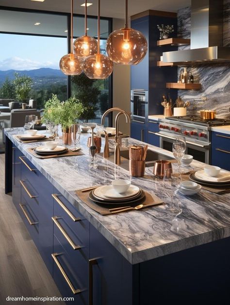 Kitchen Ideas With Color, Navy Blue And Copper Kitchen, Navy And Rose Gold Kitchen, Blue And Gold Kitchen Ideas, Modern Navy Kitchen, Rose Gold Kitchen, French Style Interior, Kitchen Blue, Modern Kitchen Cabinet Design