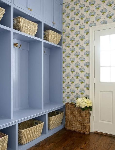 Beadboard Trim, Amy Berry, Transitional Laundry Room, Mudroom Lockers, Blue Periwinkle, Brass Hooks, Mudroom Design, Blue Cabinets, Woven Baskets Storage