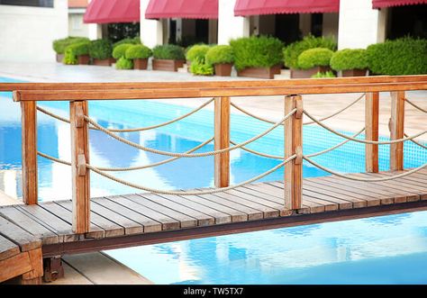 Wooden bridge over swimming pool in luxury hotel Stock Photo Pool Bridge, Cayo Santa Maria, Lynn Canyon, Small Bridge, Luxury Swimming Pools, Thermal Spa, Natural Swimming Pool, Spa Center, Blue Sky Background