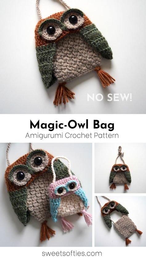 Sweet Softies: Magic-Owl Bag · Crochet Pattern Owl Bag Crochet, Animal Bag Pattern, Amiguri Crochet, Crocheted Owls, Cozy Hobbies, Crochet Pets, Amigurumi Projects, Start Crocheting, Yarn Scraps