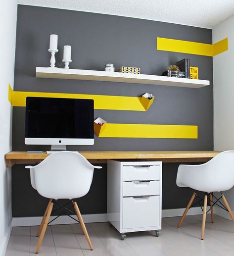 Energize Your Workspace: 30 Home Offices with Yellow Radiance Ikea Floating Shelves, Floating Shelves Bedroom, Floating Shelves Living Room, Desain Pantry, Floating Shelves Kitchen, White Floating Shelves, Floating Shelves Bathroom, Office Nook, Work Remotely