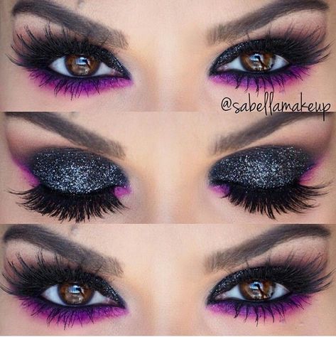 Masquerade Ball Makeup Eye Make Up, Masquerade Eye Makeup, Purple Vampire Makeup, Purple And Black Eye Makeup, Black And Purple Makeup Looks, Purple And Black Makeup Looks, Halloween Eyeshadow Looks, Glam Witch Makeup, Glitter Smokey Eye Makeup