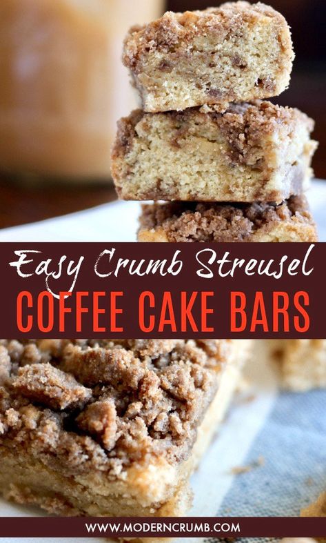 Big chunks of brown sugar and cinnamon all swirled in a yummy coffee cake bar.  You can't have just one!  Coffee Cake Bars | Easy and Delicious Family Friendly Recipes | Arizona | Modern Crumb Cake Bars Easy, Coffee Cake Bars, Cake Mix Coffee Cake, Easy Coffee Cake, Coffee Cake Cookies, Coffee Cake Recipes Easy, Cake Bar, Cinnamon Coffee Cake, Family Friendly Recipes