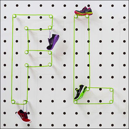 Oversize Pegboard FLEX Outline Shoe Promotion Pegboard Shoe, Oversized Pegboard, Hip Hop Birthday Party, Hip Hop Birthday, Pegboard Display, Sneaker Displays, Visual Merchandiser, Office Signage, Shoes Inspiration