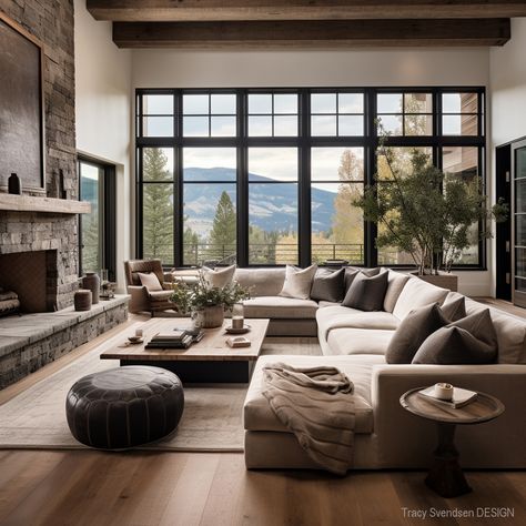 Modern Farm Fireplace Ideas, Rustic Mountain Homes Interior Bedroom, North Carolina Mountain Home Interiors, Mountain Farmhouse Living Room, Modern Farm Interior Design, Luxe Lodge Decor Interior Design, Rustic Modern Style, Modern Mountain Home Living Room, Rustic Mountain Living Room