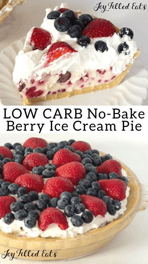 Low Carb Berry Ice Cream Pie - Sugar-Free, Grain-Free, Gluten-Free, Keto Friendly. No ice cream machine option! Here is your new no bake dessert! Great for 4th of July, Memorial Day, Labor Day, or any other day of the year. | Healthy Berry Dessert Recipes #ketorecipes #ketodiet #thm #trimhealthymama #glutenfree #grainfree #glutenfreerecipes #recipes #desserts #dessertrecipes #ketodessert #lowcarbdessert #redwhiteandblue #4thofjuly #laborday #memorialday #icecream #american #nobake Berry Ice Cream, Ice Cream Pie, Cream Ice Cream, Thm Desserts, Keto Ice Cream, Low Carb Sweets, Ice Cream Pies, Bake Dessert, Ice Cream Machine