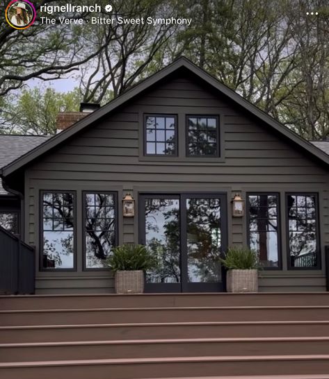 Black Cabin Exterior Colors, Dark House Black Trim, Graphite Siding Exterior, Black Exterior Trim House, Moody Home Exterior Colors, Dark Green Home Exterior, Moody Exterior House Colors, Green House Black Trim, Dark Gray Exterior House Colors