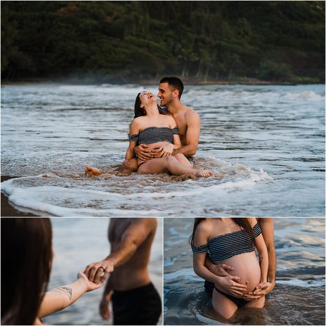 Maternity Pictures In Water With Husband, Maternity Photography Water Rivers, In The Water Maternity Photos, Pregnant Sea Photo, Maternity Photo Shoot Ideas Hawaii, Water Maternity Pictures Couples, Maternity Photos River, Hawaii Maternity Photos, Water Maternity Shoot