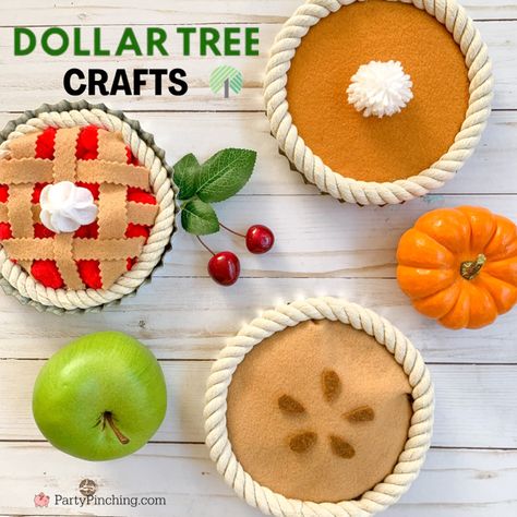 dollar tree pie craft, dollar tree bottle cap craft, apple cherry pumpkin pie craft felt nautical rope, easy faux fake pies diy fall decor Apple Decorations Diy, Pie Dramatic Play, Apple Diy Craft, Pie Ornaments Diy, Pie Crafts For Preschool, Pie Crafts For Kids, How To Make A Fake Tree For Classroom, Felt Pecan Pie Diy, Apple Pie Craft