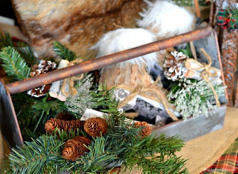 Toolbox Christmas Decor, Antique Tool Box Decor Ideas, Wooden Tool Box Decor Christmas, Christmas Toolbox Centerpiece, Wooden Toolbox Christmas Decor, Vintage Wooden Toolbox Decorating Ideas, Vintage Toolbox Christmas Decor, Antique Wood Tool Box Decor, Wooden Tool Caddy