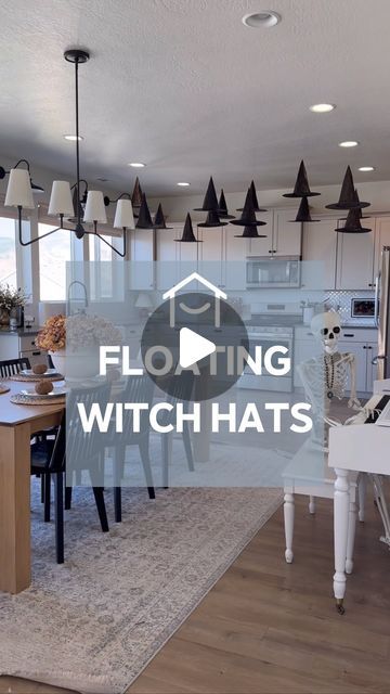 Elise Hunter | DIY & HOME on Instagram: "FlOATING WITCH HATS!! The easiest and most affordable Halloween decorations! #witchhats #halloweendecor" Witch Hats From Ceiling, Witch Hat From Ceiling, Hanging Witch Hats And Candles, Floating Hats Halloween, Hanging Witch Hats Indoor, How To Hang Witches Hats From Ceiling, Floating Witch Hats Porch, Hanging Witch Hats Porch, Witch Hats Hanging From Ceiling