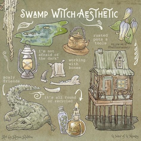 Water of Whimsy Art Shop on Instagram: “The Swamp Witch, or Bog Witch, is a notorious figure in folklore from around the world. Often perceived as one who has eschewed society,…” Swamp Witch Aesthetic, Witchy Wall Art, Swamp Witch, Whimsy Art, Magia Das Ervas, Wiccan Magic, Witch Stuff, Postal Vintage, Aesthetic Print