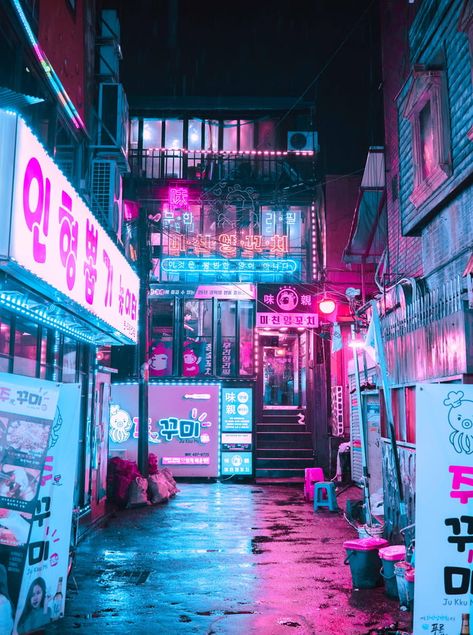 Neon Alley - Seoul Cyberpunk Environment, Wave Aesthetic, Neon Noir, New Retro Wave, Neon Nights, Cyberpunk Aesthetic, Cyberpunk City, Japon Illustration, Vaporwave Aesthetic