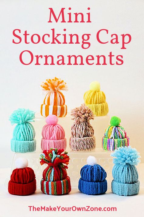 These mini stocking cap Christmas ornaments are an easy yarn craft that kids can make too. A perfect way to use up your yarn scraps! Yarns Ornaments, Fun Holiday Crafts, Easy Crafts For Teens, Yarn Crafts For Kids, Easy Yarn Crafts, Mini Stockings, Crafts For Teens To Make, Christmas Crafts For Adults, Yarn Hats