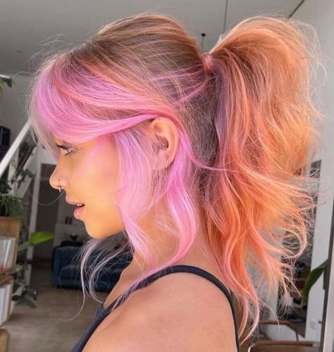 Orange hair with a pink money piece an Blonde Sunset Hair, Colorful Hair For Blondes, Statement Hair Color, Colors With Blonde Hair, Colorful Hair Inspiration, Blonde Hair With Color Peekaboos Summer, Pink Hair Ideas For Blondes, Blonde And Colorful Hair, Vivid Hair Color Ideas Blondes