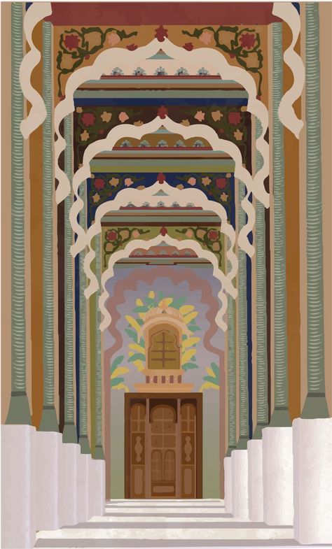 Patrika Gate | Mughal art paintings, Map art illustration, Disney canvas art Islamic Architecture Illustration, Islamic Art Illustration, Indian Architecture Illustration, Rajasthani Wallpaper, Rajasthani Illustration, Indian Art Wallpaper, Arches Illustration, Jaipur Illustration, Rajasthan Illustration