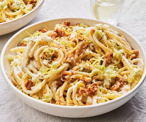 Leek & Boursin Bucatini Recipe | Waitrose & Partners Baked Lemon Boursin Pasta, Leeks And Fennel Recipes, Lemon Baked Boursin Pasta, Waitrose Recipes, Fennel And Leek Soup, Mac And Cheese With Leeks And Pancetta, Bucatini Recipes, Easy Pasta Sauce, Leek Recipes