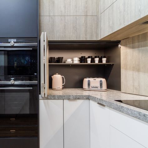 A kitchen appliance pantry designed to hide the kettle, toaster and other small appliances so they can be easily tucked away when they're not being used leaving the kitchen looking perfectly tidy and clutter free! You can see this kitchen on display in our Eltham Showroom, 3 Bridge St Eltham. Appliance Nook, Toaster Kettle Storage, Hiding Small Kitchen Appliances, Hidden Toaster In Kitchen, Toaster And Kettle Display In Kitchen, Kitchen Cupboard To Hide Appliances, Hide Appliances Kitchen, Appliance Cupboard, Hiding Appliances In Kitchen