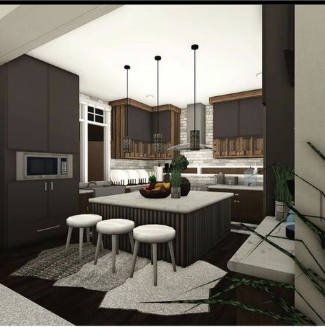 Bloxburg Apartment Kitchen Ideas, Realistic Kitchen Ideas Bloxburg, Bloxburg Kitchen Ideas Modern Realistic, Bloc Burg Living Room, Realistic Bloxburg House Kitchen, Dark Bloxburg House Ideas, Bloxburg Counter Ideas, Bloxburg Industrial House, Bloxburg Lounge Ideas