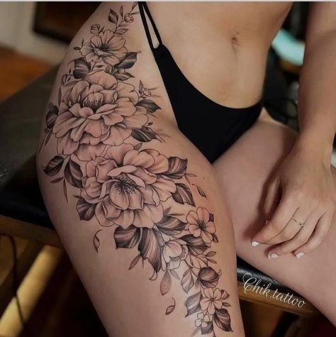 Floral Thigh Tattoos, Hip Thigh Tattoos, Hip Tattoos Women, Inspiration Tattoos, Spine Tattoos For Women, Leg Tattoos Women, Dope Tattoos For Women, Stylist Tattoos, Thigh Tattoos Women