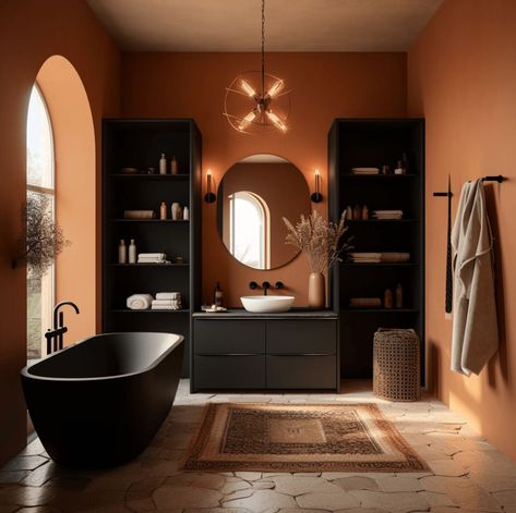 Salle de bain terracotta : 20 photos et idées pour vous inspirer ! Orange Black Interior Design, Terracotta Wall Color Bathroom, Burnt Orange Bathroom Ideas Decor, Terracota Bathroom Ideas, Terracotta Bathroom Walls, Terracotta Bathroom Ideas, Terracotta Home Decor, Palette Terracotta, Terracotta Interior Design