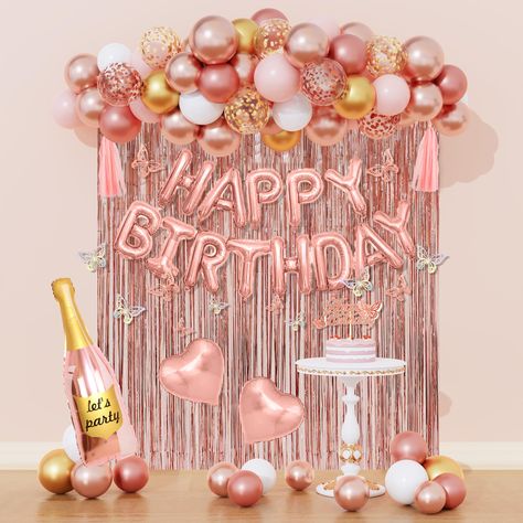 Pink And Rose Gold Birthday Party Ideas, Rose Gold Party Ideas, Birthday Party Decorations Women, Rose Gold Birthday Party Decorations, 30th Celebration, Birthday Preparation, Birthday Party Decorations For Women, Butterfly Fringe, Birthday Banner Cake Topper