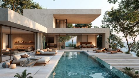 Cycladic Villa with Pool - Four Elevations Luxury Villa With Pool, Villa Pool Garden, Luxury Villa Design Exterior, Village House Design Exterior, Villa Pool Design, Pool Villa Design, Modern Villa Design Architecture, Modern Villa With Pool, Villa Elevation Design