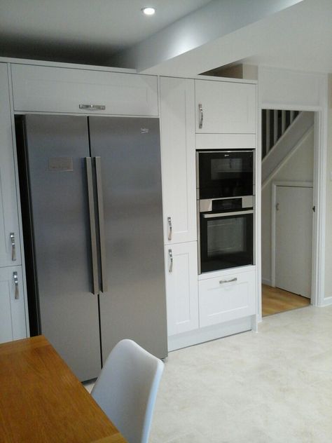 American fridge freezer with larder units snd oven & microwave tower Free Standing Fridge Freezer In Kitchen Unit, Oven Tower Next To Fridge, American Fridge Housing Unit, American Fridge Surround, Oven Larder Unit, Kitchen With American Fridge Freezer, Oven Tower, Kitchen Larder Units, Wall Oven Kitchen