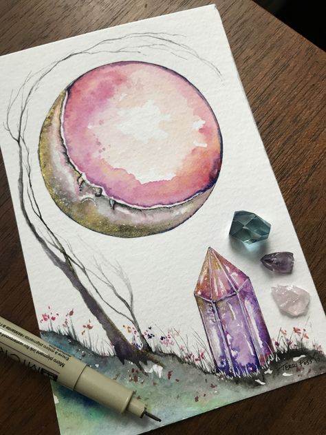 Witchy Watercolor, Moon Time, Painting Halloween, Watercolor Nature, Crystal Drawing, Mediums Of Art, Moon Cycle, Ink Illustration, Illustration Painting