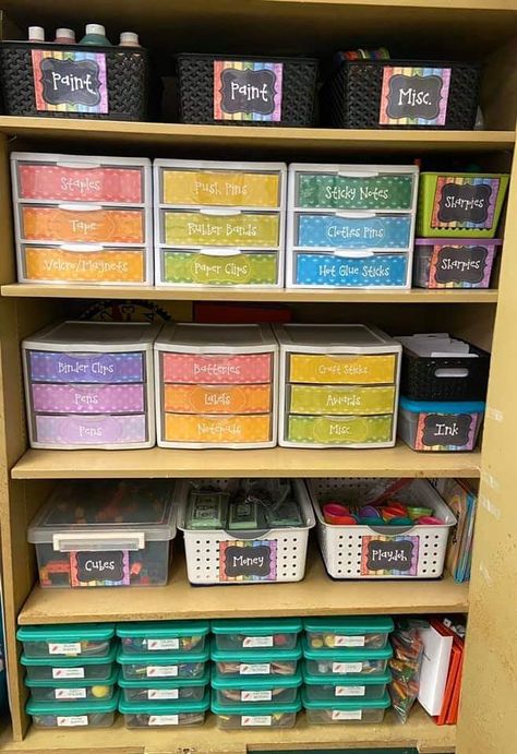 Daycare Cabinet Organization, Preschool Storage Classroom Organization, Teacher Shelf Organization Ideas, Supply Storage For Classroom, Preschool Closet Organization, Trs Classroom Set Up, Daycare Craft Organization, Monthly Classroom Organization, Paper Organizer Classroom