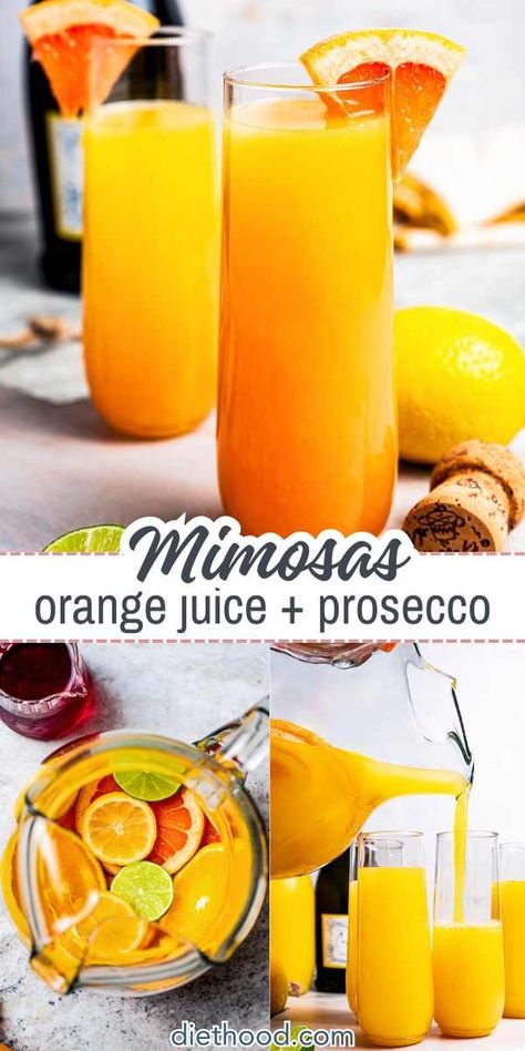 This classic mimosa recipe is perfect for a brunch crowd! Simple to make with orange juice and Prosecco, and mixed in a pitcher with fresh citrus fruits! #mimosa #brunch #cocktail Champagne And Orange Juice Mimosas, Mimosa Recipe Easy, Diethood Recipes, Brunch Crowd, Classic Mimosa, Orange Mimosa, Mimosa Drink, Orange Juice Cocktails, European Cakes