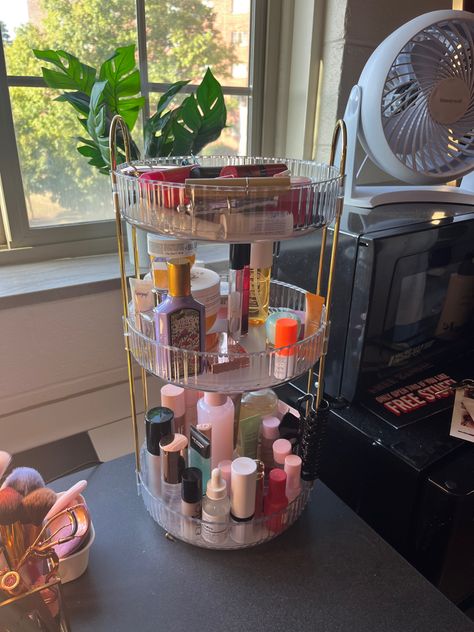 Makeup Organizer Spinny Makeup Organizer, Floor Makeup Station, Rotating Organizer, Dorm Room Layouts, Rotating Makeup Organizer, Makeup Station, Room Layouts, Dorm Inspo, Dorm Ideas