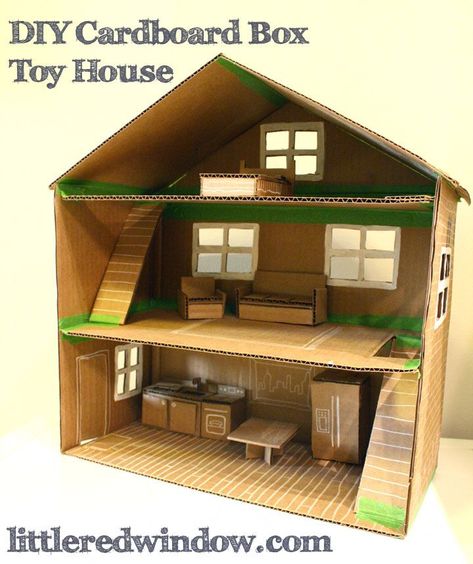 DIY Cardboard Box Toy Doll House, make an adorable play house out of an old box! via littleredwindow.com Cardboard Box Houses, Diy Cardboard Toys, Cardboard Dollhouse, Carton Diy, Cardboard Box Crafts, Cardboard Toys, Doll House Plans, Cardboard House, Toy House