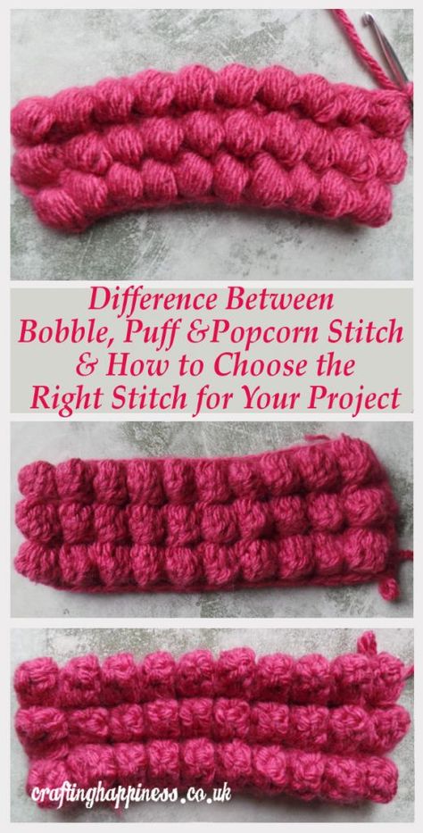 Difference Between Bobble, Puff & Popcorn Stitch (With Photo Tutorial) Bobble Stitch Crochet Blanket, Popcorn Stitch Crochet, Crochet Cluster Stitch, Puff Stitch Crochet, Bobble Stitch Crochet, Bobble Crochet, Popcorn Stitch, Crochet Stitches Free, Crochet For Beginners Blanket