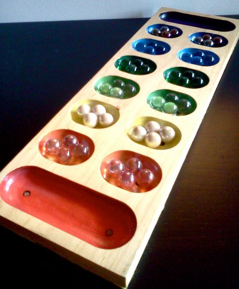 Hand Painted Mancala Board with a Colorful Xylophone pattern and matching rainbow colored marble game pieces Mancala Board, Colored Marble, Marble Games, Dyi Projects, Painted Boards, Marble Colors, Game Board, Game Pieces, Craft Fair