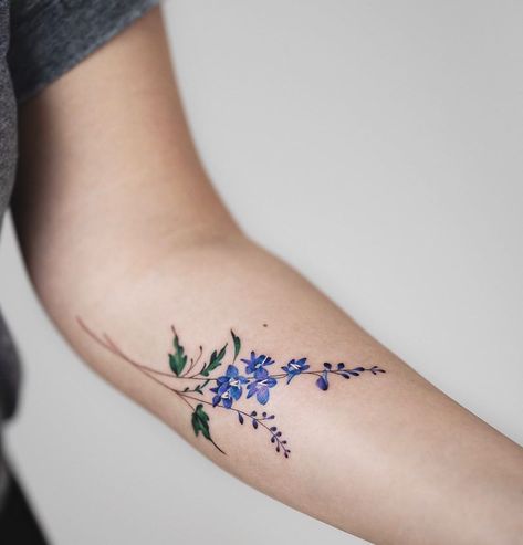 N E W W O N D E R on Instagram: “Larkspur for the month of July.  What’s your birth flower? 🌸🌼🌷🌹🌺 #newwonder #auckland #newzealand #art #tattoo  #watercolor  #minimal…” Delphinium Tattoo, Larkspur Flower Tattoos, July Birth Flower Tattoo, Larkspur Tattoo, Water Lily Tattoos, July Birth Flower, Larkspur Flower, Birthday Tattoo, Delphinium Flowers