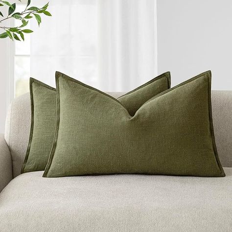 Amazon.com: Foindtower Pack of 2, Decorative Linen Soild Throw Pillow Covers Soft Accent Lumbar Cushion Case Boho Farmhouse Pillowcase for Chair Couch Sofa Bedroom Living Room Home Decor 12 x 20 Inch Olive Green : Home & Kitchen Idyllic Aesthetic, Living Room Plan, Chair Couch, Natural Linen Fabric, Garden Pillows, Boho Farmhouse, Bed In Living Room, Living Room Green, Sofa Couch Bed