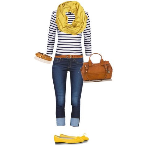 A fashion look from July 2013 featuring white t shirt, straight pants y ballerina flats. Browse and shop related looks. Yellow Flats Outfit Work, Mustard Striped Shirt Outfit, Yellow Stripes Outfit, Casual Yellow Scarf For Spring, Yellow Striped Shirt, Belle French, Yellow Flats, Brahmin Handbags, Yellow Scarf