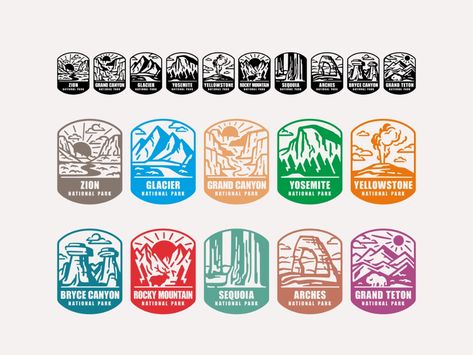 National park Badges by Aleksandar Savic on Dribbble App Badges, Simple Artwork, Brand Refresh, Crystal Logo, Travel Stickers, Us National Parks, Adventure Park, Badge Design, Yellowstone National Park