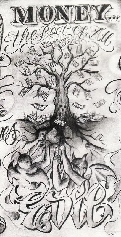 Root Of All Evil Tattoo, Boog Tattoo, Tattoo Designs Drawings, Root Of All Evil, Chicanas Tattoo, Evil Tattoo, Half Sleeve Tattoos Drawings, Gangsta Tattoos, Evil Tattoos