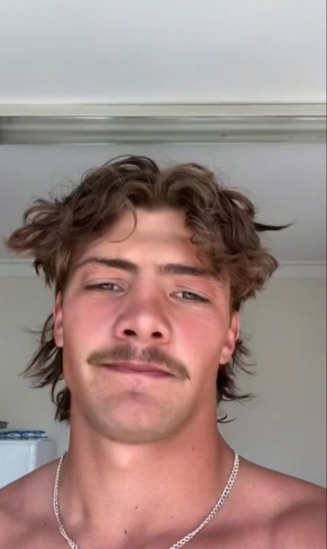 Men’s Wavy Mullet, Modern Mullet Middle Part Men, Brown Hair Mullet, Mullet And Mustache Aesthetic Men, Mullet And Moustache, Hot Mullet Guy, Guy With Mullet And Mustache, Mullet And Mustache Aesthetic, Tiktok Mullet Guy