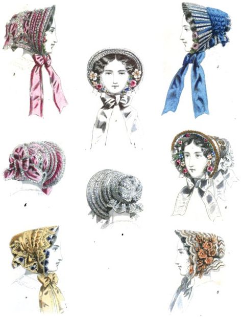 Early Victorian Bonnets | Early Victorian Era Ladies' Headwear - May 1852 Le Moniteur de la Mode Victorian Era Hats, Victorian Era Outfits, Victorian Bonnet, Fashion Eras, Garden Dinner, Victorian Vampire, Victorian Hats, Fashion Dictionary, Fashion Illustration Vintage