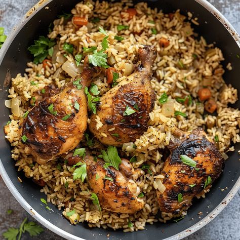 Cooking One-Pot Chicken and Rice Bone In Chicken Thigh Skillet Recipes, Cast Iron Chicken And Rice, Rice And Asparagus Recipe, Chicken Legs And Rice, Skillet Chicken Thighs, Smoked Sausage Pasta, Cast Iron Chicken, Braised Chicken Thighs, Spinach Bake