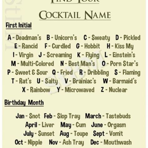 Find your cocktail name. Select your first Initial and birthday month lets see how many new cocktail names we come up with. Mine is DEADMANS VOMIT . Whats yours? Tell us in the comment section below  #bartales  #106bartales #cocktailsinlagos  #cocktails #thursdaynights  #lagosparty Funny Name Generator, Birthday Scenario, Drink Names, Cocktail Names, Interactive Posts, Name Games, Funny Names, Name Generator, What Is Your Name