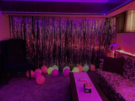 decorations, party, neon, glow in dark, pink, purple, blacklight, blue, glowy, uv, streamers, fringe, backdrop, photo, hanging, decor, lights, aesthetic, cool, basement, birthday, 16, 18, sweet 16, sixteen, eighteen Glow In The Dark Streamers, Neon Photo Backdrop, Pink Glow Party, Basement Party Ideas, Basement Party, Cool Basement, Neon Party Decorations, Birthday 16, Photo Hanging