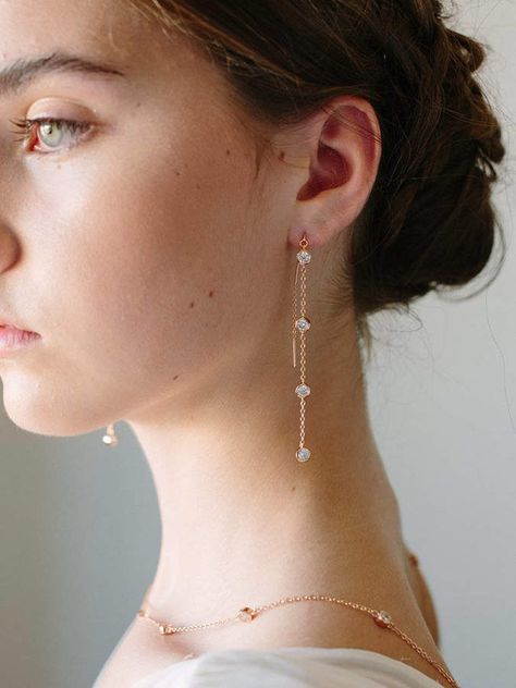 Etsy Rose Gold Earrings | Long Chain Bridal Earrings | Dangle Earrings | Crystal Drop Threader Earrings | #rosegold #ad #bride Gold Earrings Long, Small Diamond Rings, Beautiful Diamond Earrings, Feather Earrings Silver, Threader Earrings Gold, Platinum Earrings, Earrings Crystal, White Gold Earrings, Starling