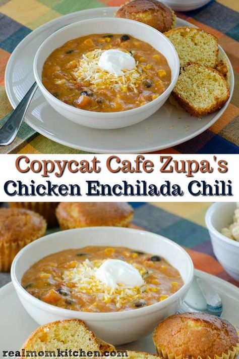 Copycat Cafe Zupa's Chicken Enchilada Chili | Real Mom Kitchen Chicken Enchilada Chili, Enchilada Chili, Kelsey Nixon, Chili Enchiladas, Enchiladas Chicken, Mom Kitchen, Cheap Clean Eating, Chili Ingredients, Chicken Enchilada Soup