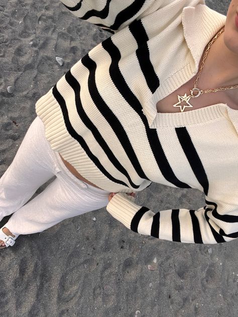 stripy jumper, old money, coastal, linen trousers, Birkenstocks, gold jewellery Stripy Jumper Aesthetic, Old Money Jumper Outfit, Old Money Jumper, Stripy Jumpers, Old Money Coastal, Jumper Aesthetic, French Trip, Collar Jumper, Tennis Outfit