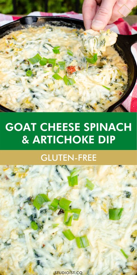 Gluten Free Appetizer Recipe: Goat Cheese, Spinach and Artichoke Dip. Shalan Trotz Premo - Studioist #Studioist #Appetizer #GlutenFreeAppetizer #GlutenFreeDip #DipRecipe Goat Cheese Spinach Artichoke Dip, Goat Cheese Gluten Free Recipes, Artichoke Goat Cheese Dip, Dairy Free Artichoke Dip, Gfcfsf Recipes, Funky Recipes, Paleo Dips, Baked Goat Cheese Dip, Goat Cheese Dip Recipes